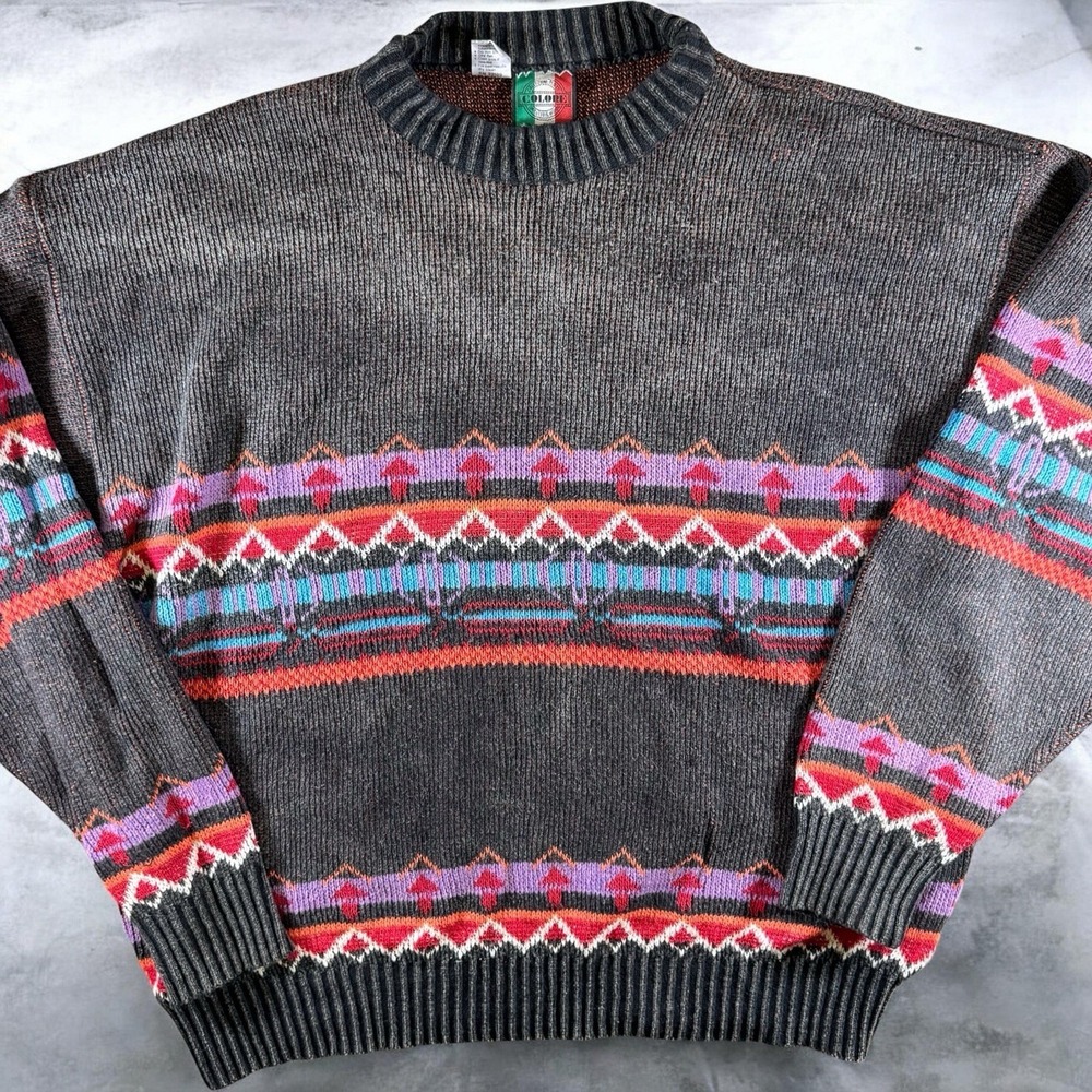 VTG 90s Colore Italy Knit Sweater Mens L Southwestern Tribal Made In Italy‎